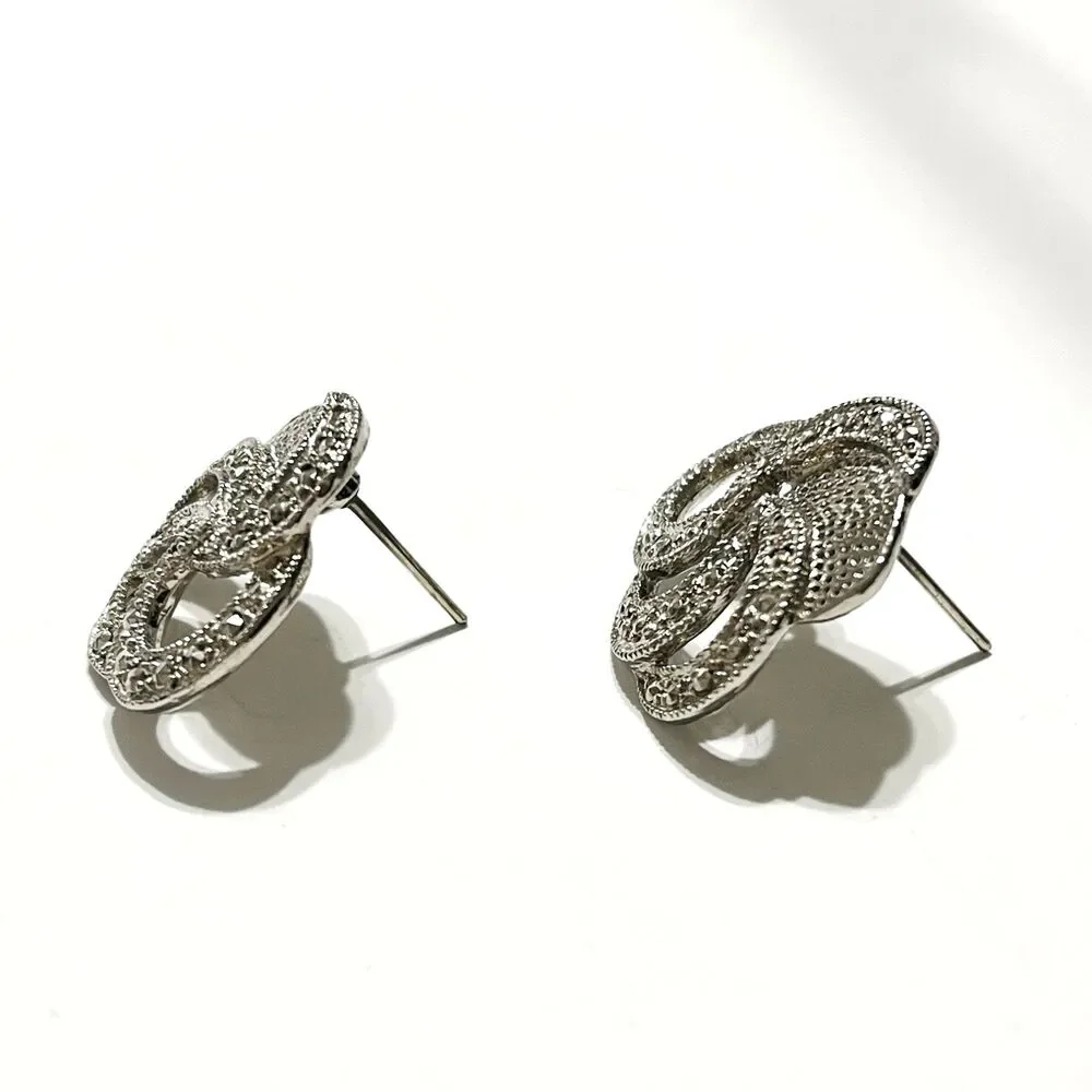 Silver Tone Knot Circle Earrings Stud Marcasite Textured Openwork Abstract Chic